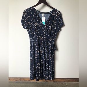 Navy and tan faux wrap dress